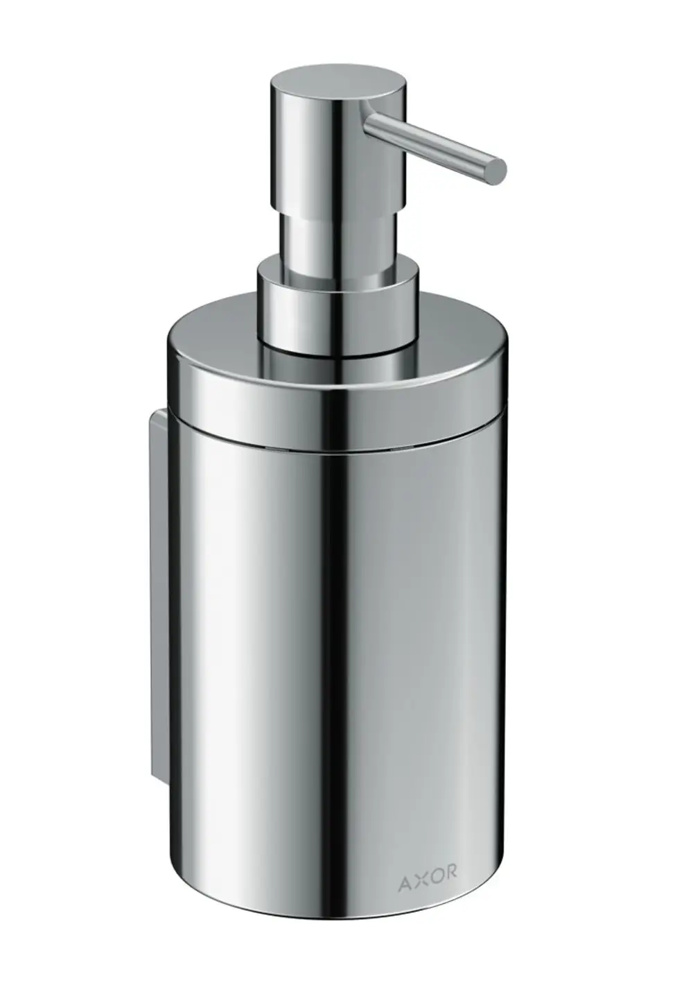 Chromfarbener Lotionspender mit Pumpmechanismus, an der Wand montiert. Hersteller ist AXOR. Das Design ist schlicht und funktional.